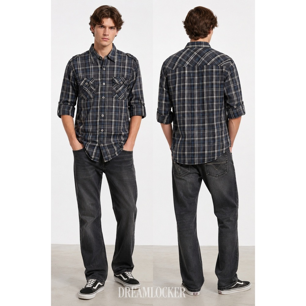 BKE Western Plaid Button Up Shirt Mens Large Black Gray Blue‎ Roll Tab Sleeve